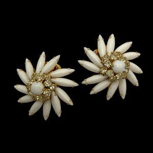 Vintage Judy Lee Clip On Earrings Milk Glass Rhinestone Starburst Pinwheel